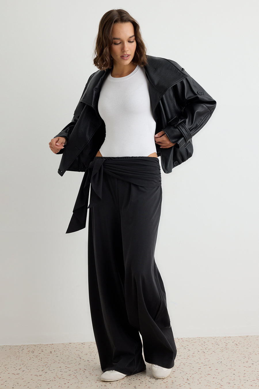 Black Premium Lyocell Blend Summer Wide Leg Belted Regular Waist Long Knit Trousers