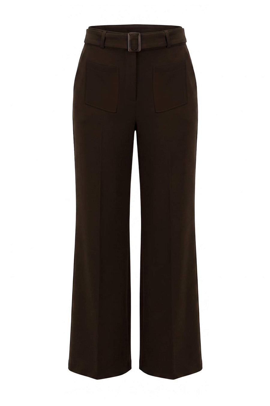 Brown Pocket and Belt Detail Wide Leg Fabric Trousers