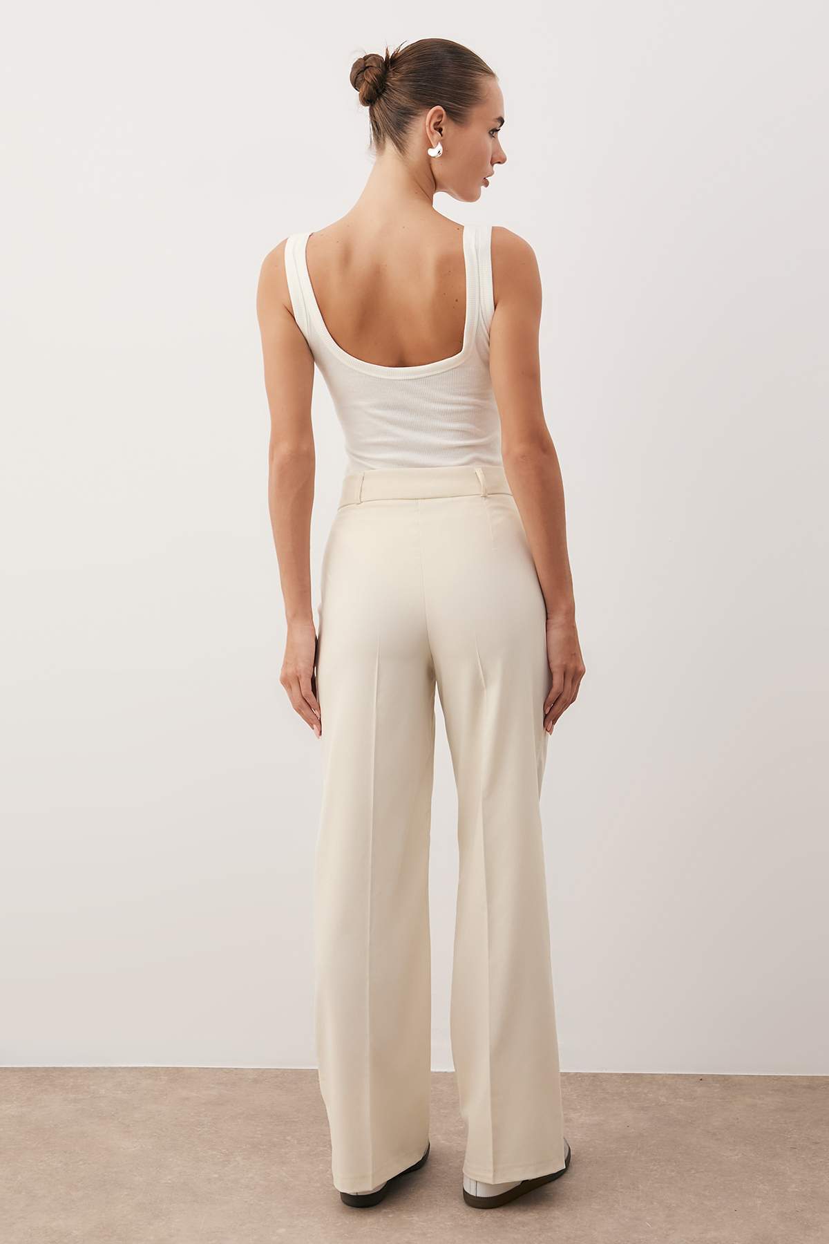 Beige Wide Leg High Waist Woven Fabric Trousers