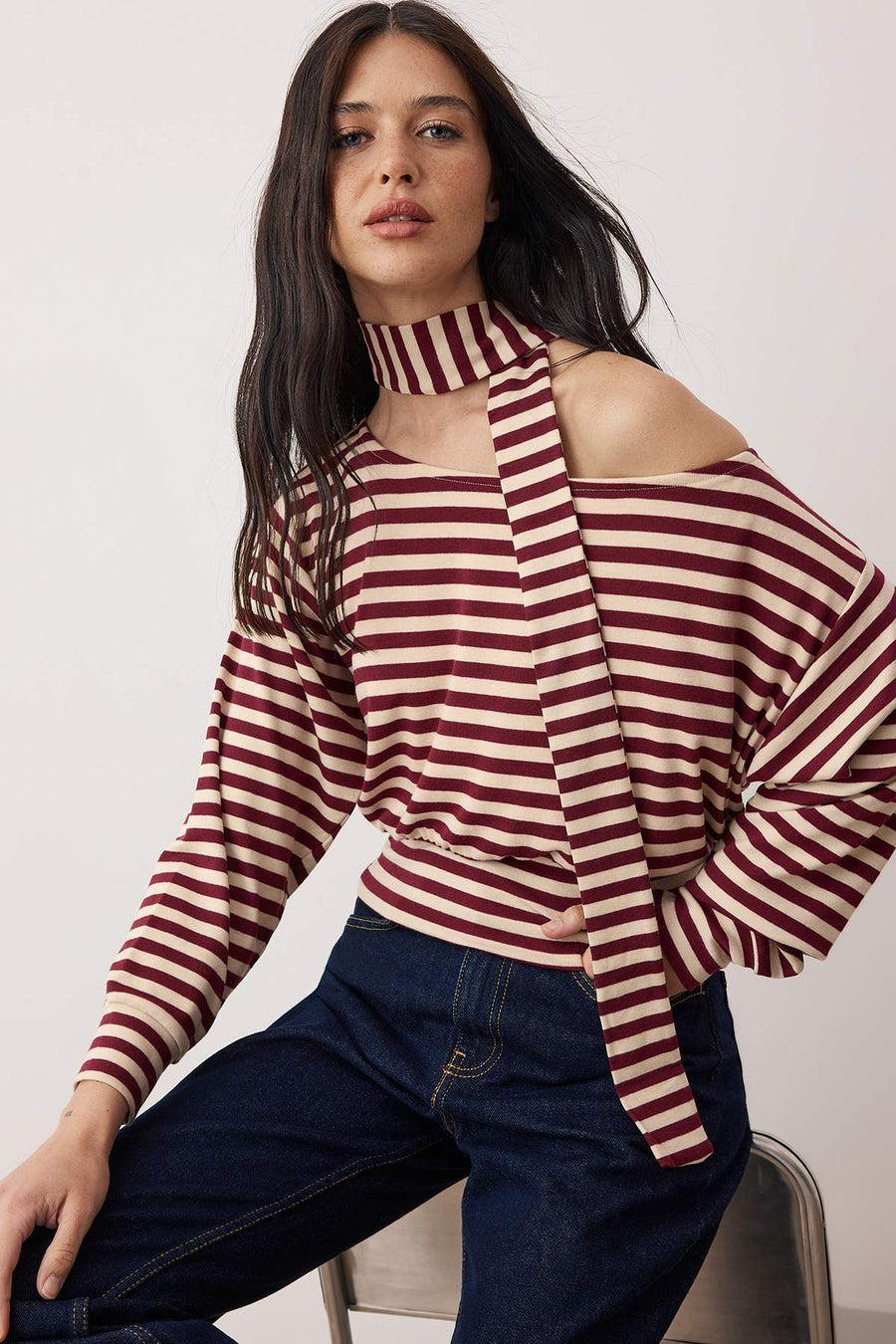 Multicolour Striped Off-Shoulder Shawl Accessory Detail Regular Fit Knit Blouse