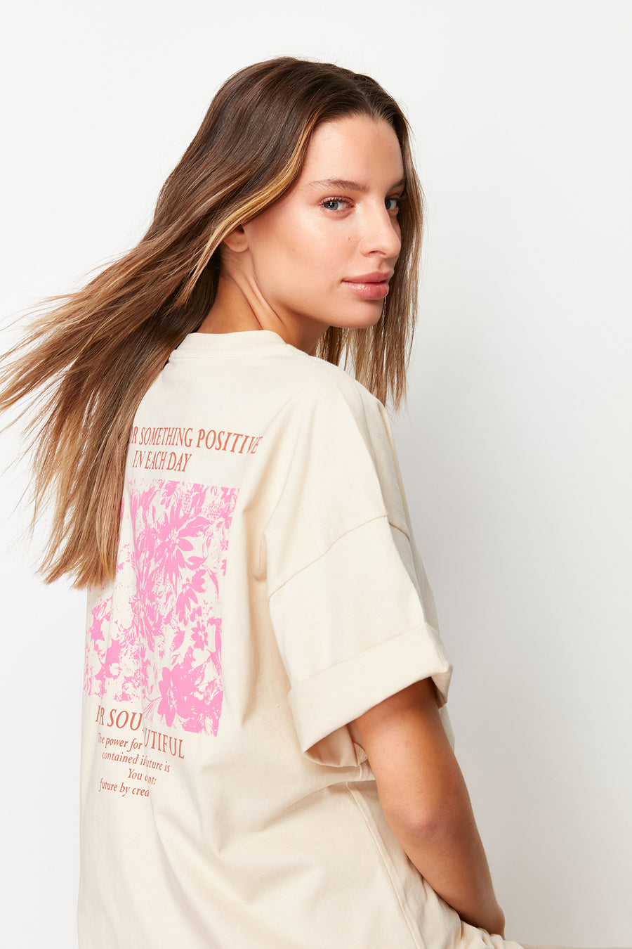Stone 100% Thick Cotton Front and Back Print Oversized/Relaxed Fit Knit T-Shirt