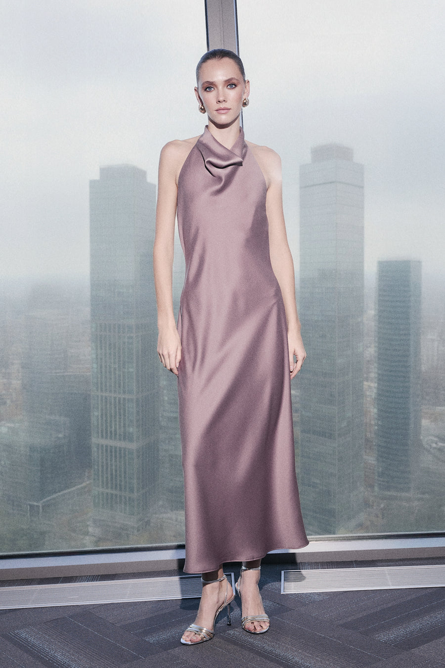 Mink Off-Shoulder Slip Maxi Dress