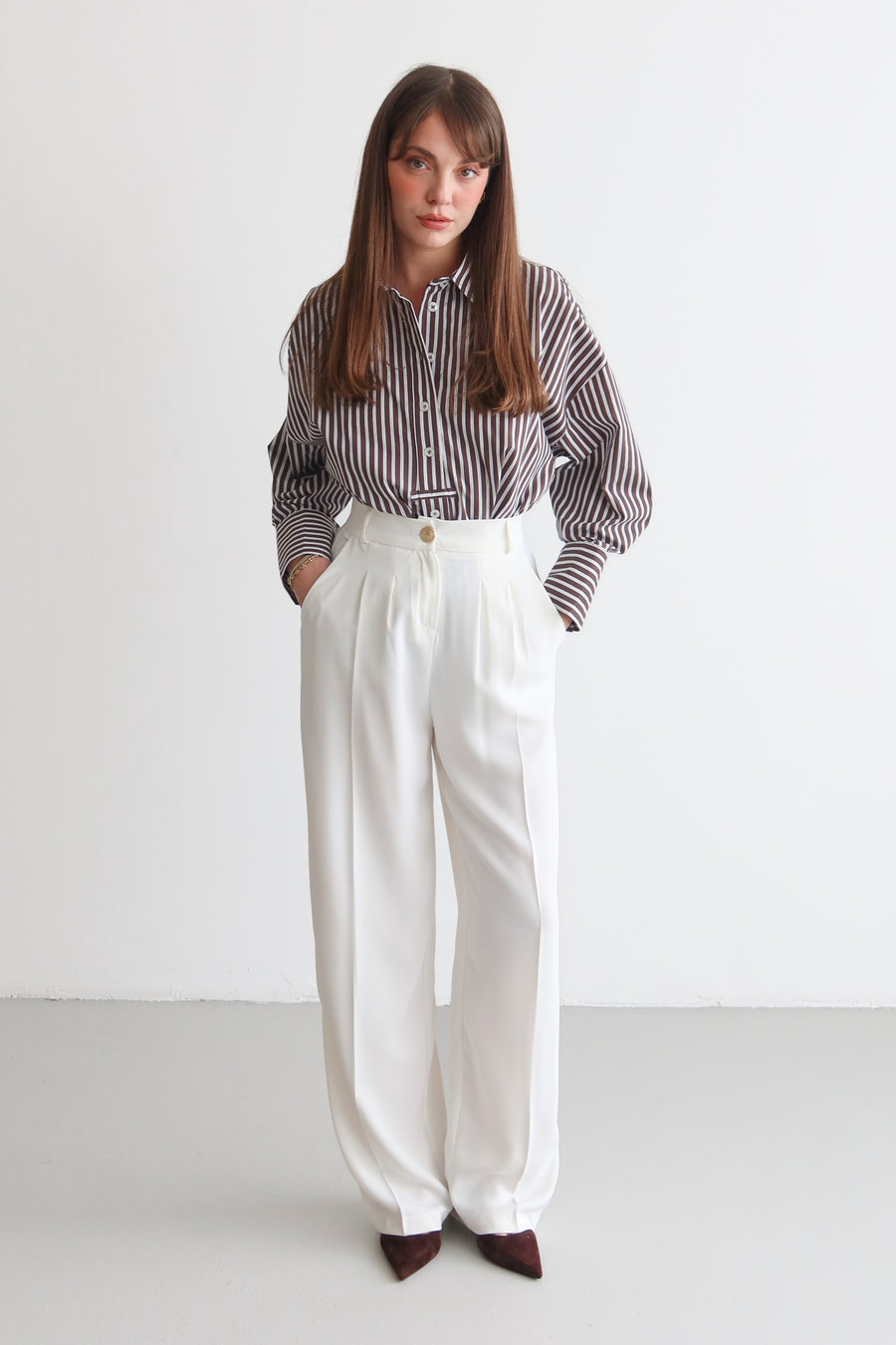 White High Waist Wide Leg Woven Trousers