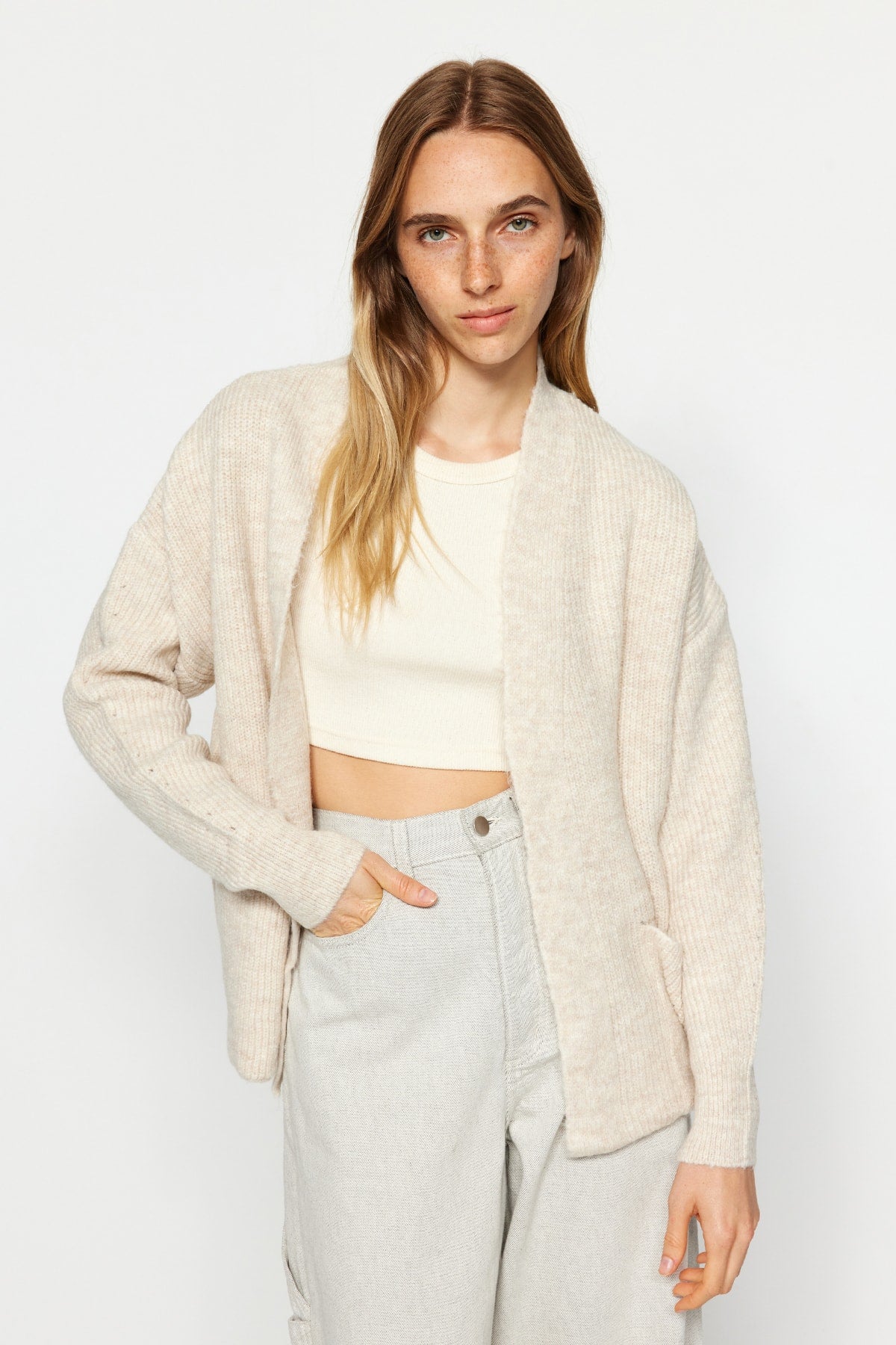 Stone Relaxed Fit Soft Textured Pocket Detail Knit Cardigan