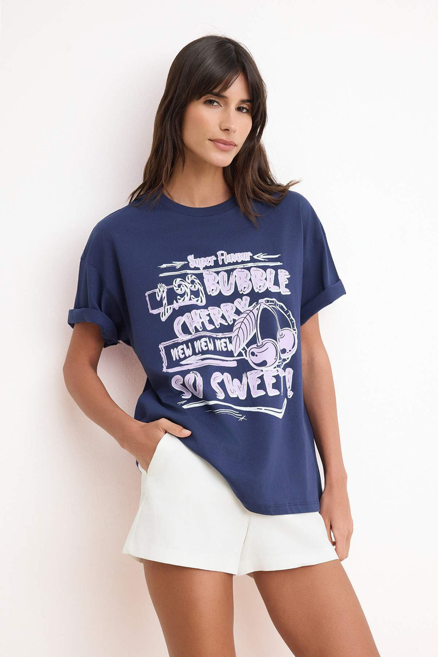 Navy 100% thick cotton printed oversized relaxed fit knit t-shirt