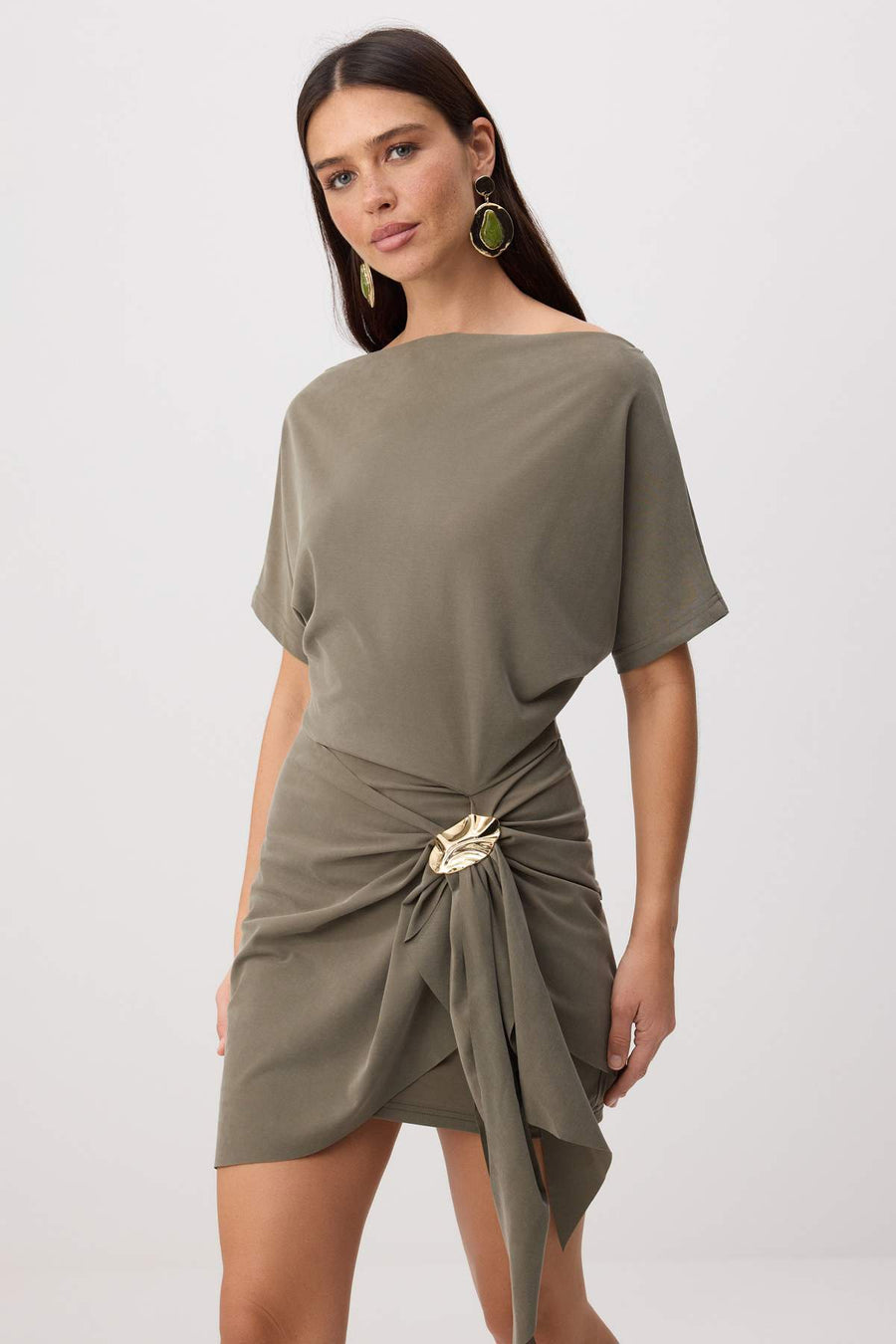 Dark Khaki Premium Lyocell Bell-Shaped Accessory Detailed Mini Knit Dress