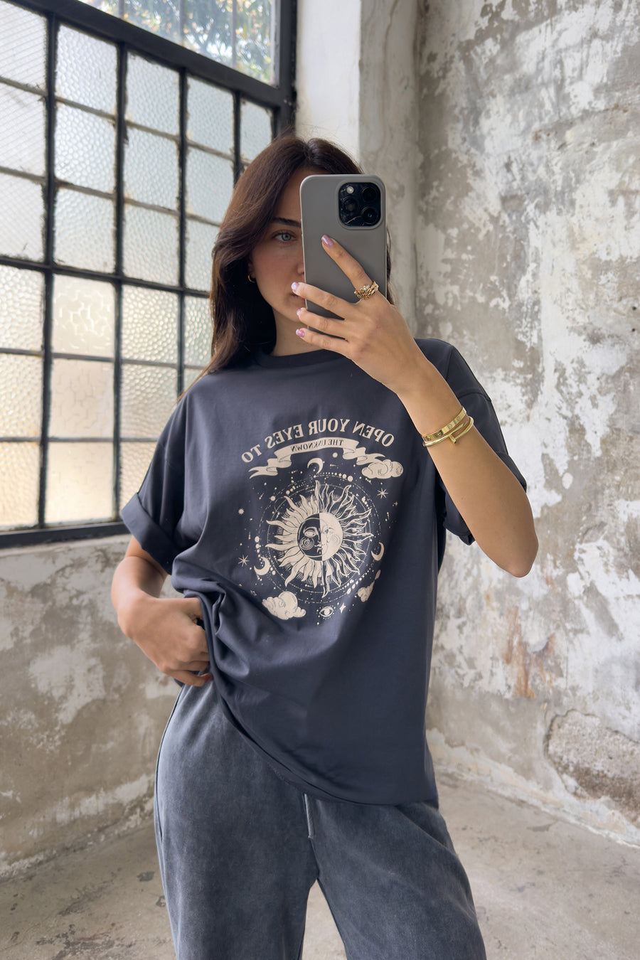 Charcoal 100% Cotton Oversized/Relaxed Fit Print Knit T-Shirt