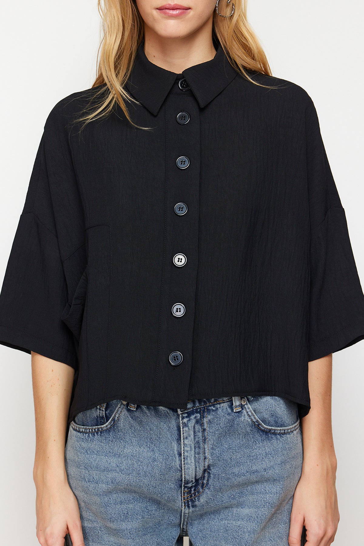 Black oversized relaxed fit cut-in sleeve woven shirt