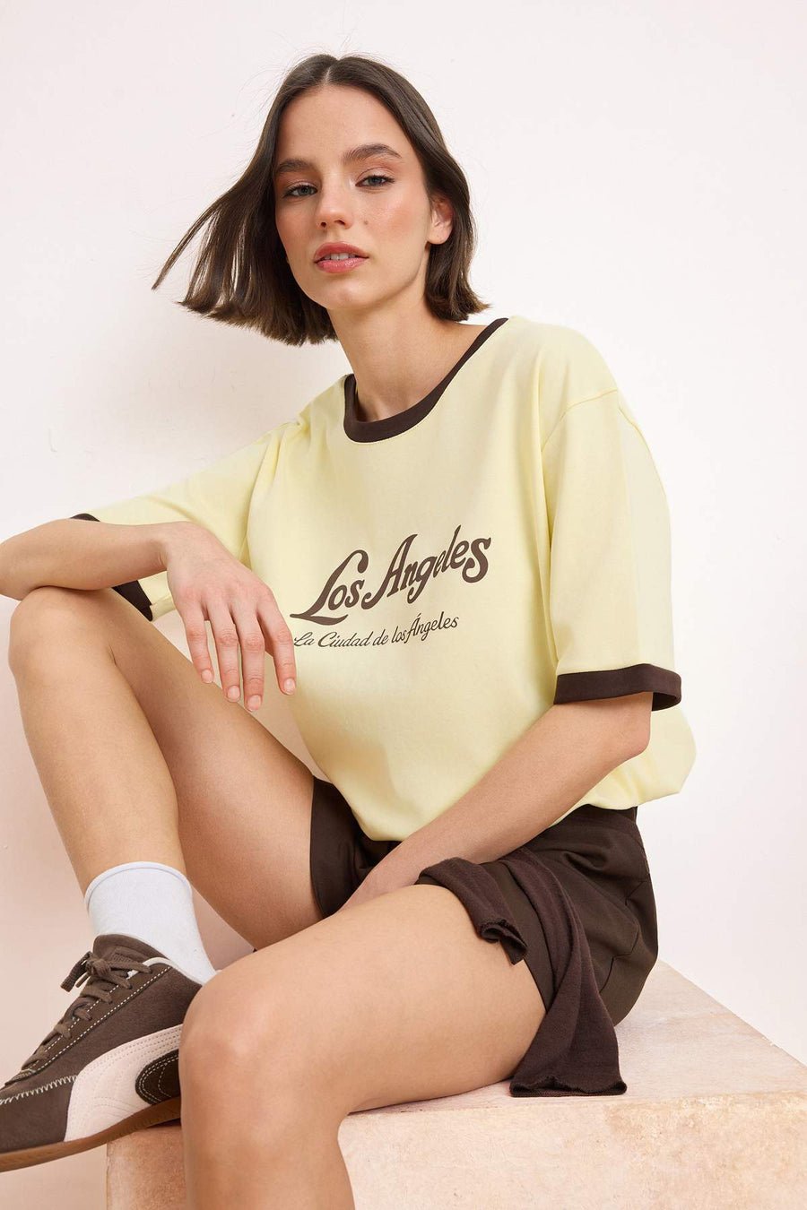 Light Yellow Slogan Oversized/Relaxed Fit Drop Shoulder Short Sleeve 100% Cotton Knit T-Shirt