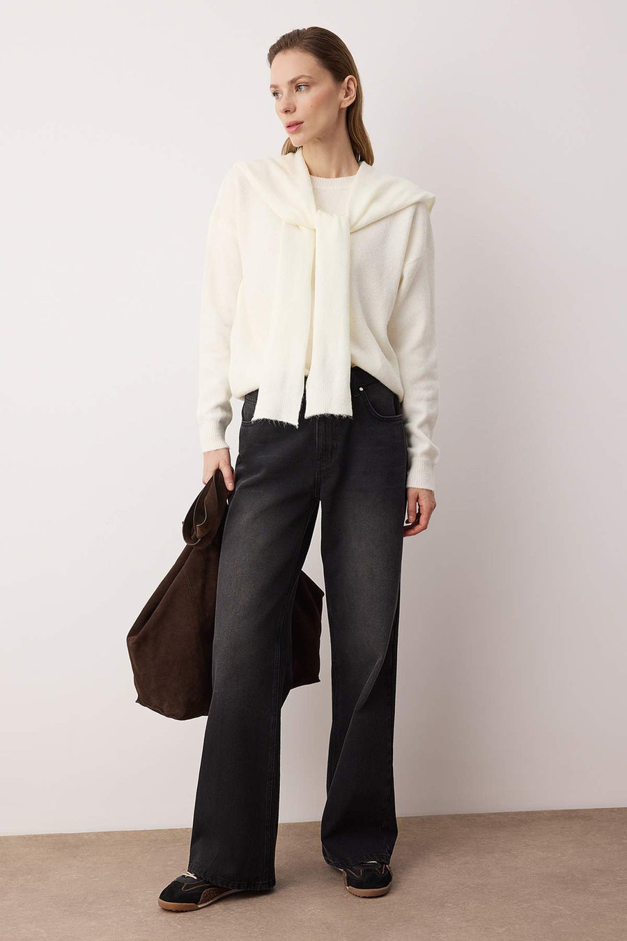 Ecru Soft Textured Relaxed Fit Shawl Knitwear Jumper
