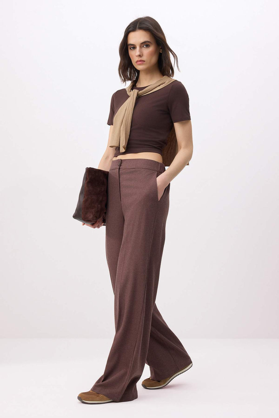 Brown thick textured wide leg high waist trousers