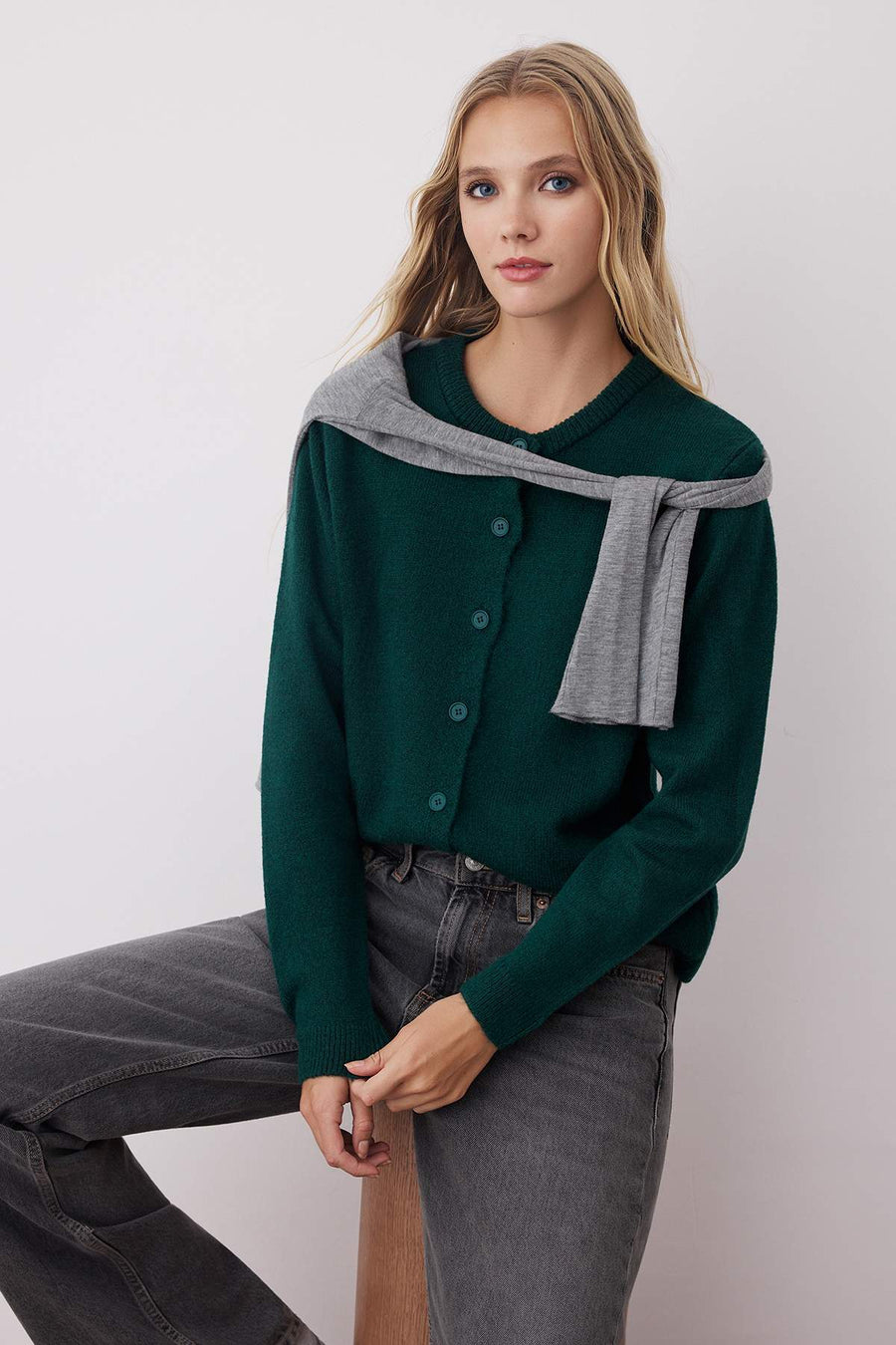 More Sustainable Emerald Green Soft Textured Basic Knit Cardigan