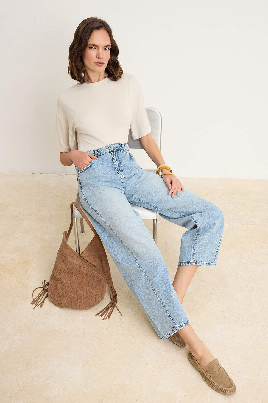 Light Blue High Waist Stitch Detail Barrel Jeans