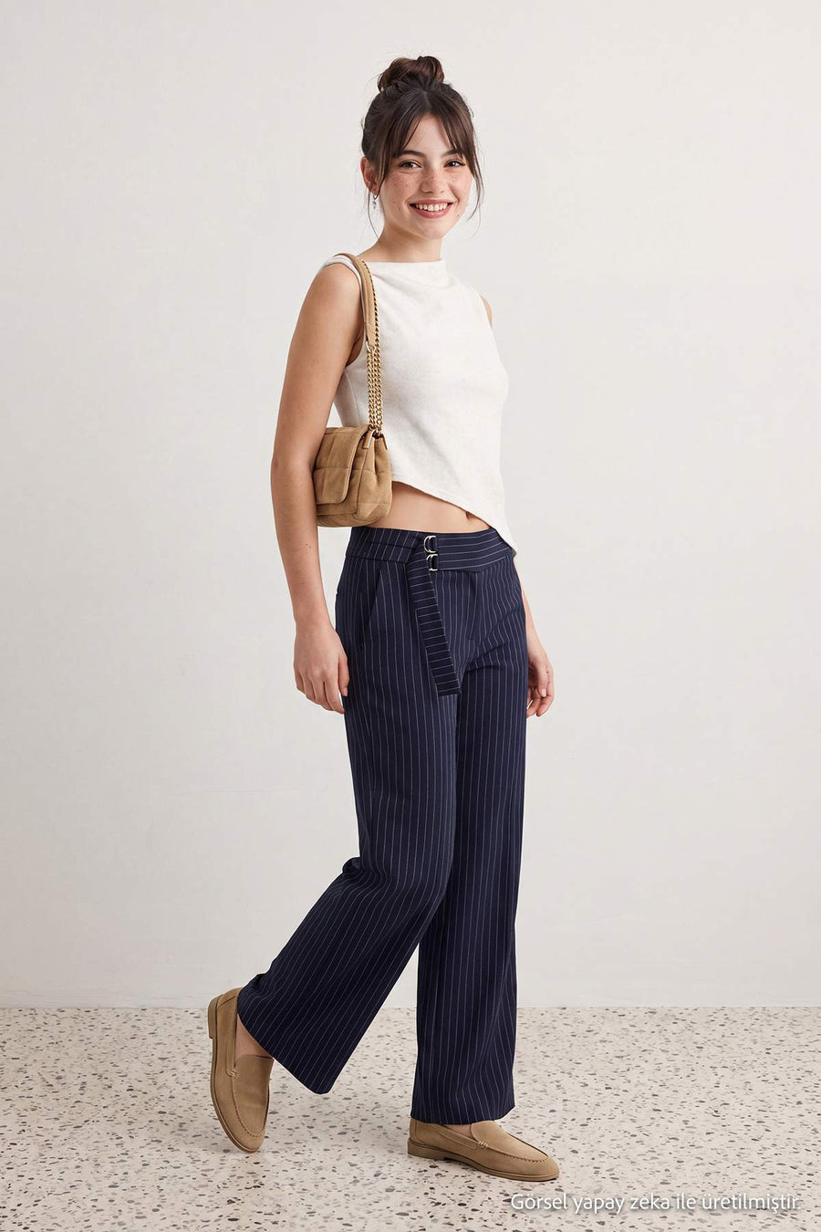 Navy thick belted striped wide leg trousers