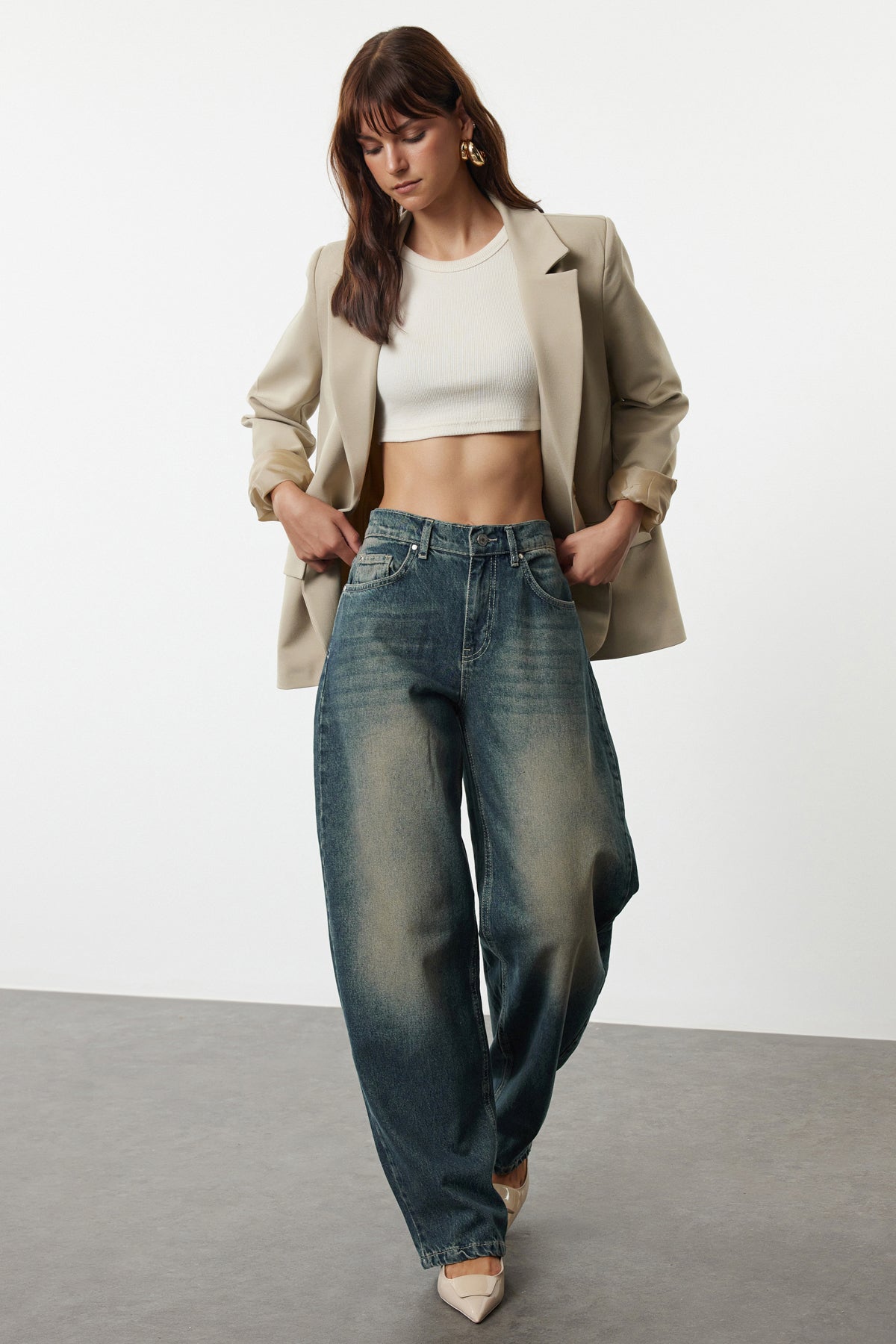 More Sustainable Dark Blue Normal Waist Loose Baggy 100% Cotton Non-Stretch Jeans