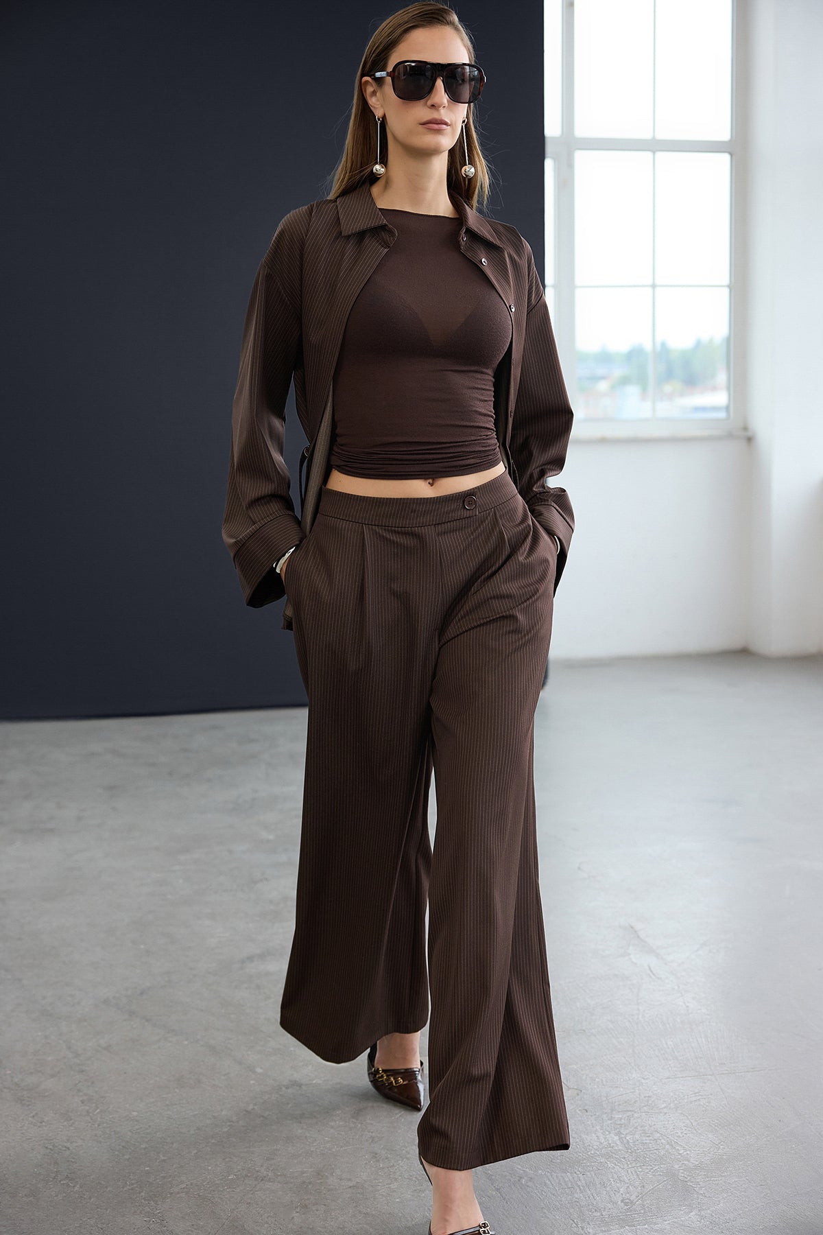 Brown Extra Wide Leg Striped Trousers