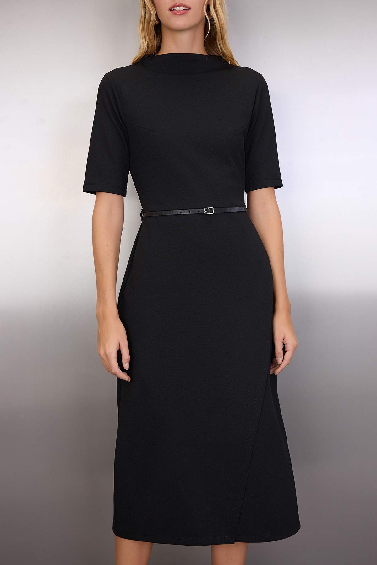 Black Midi Belted Three-Quarter Sleeve Knit Dress