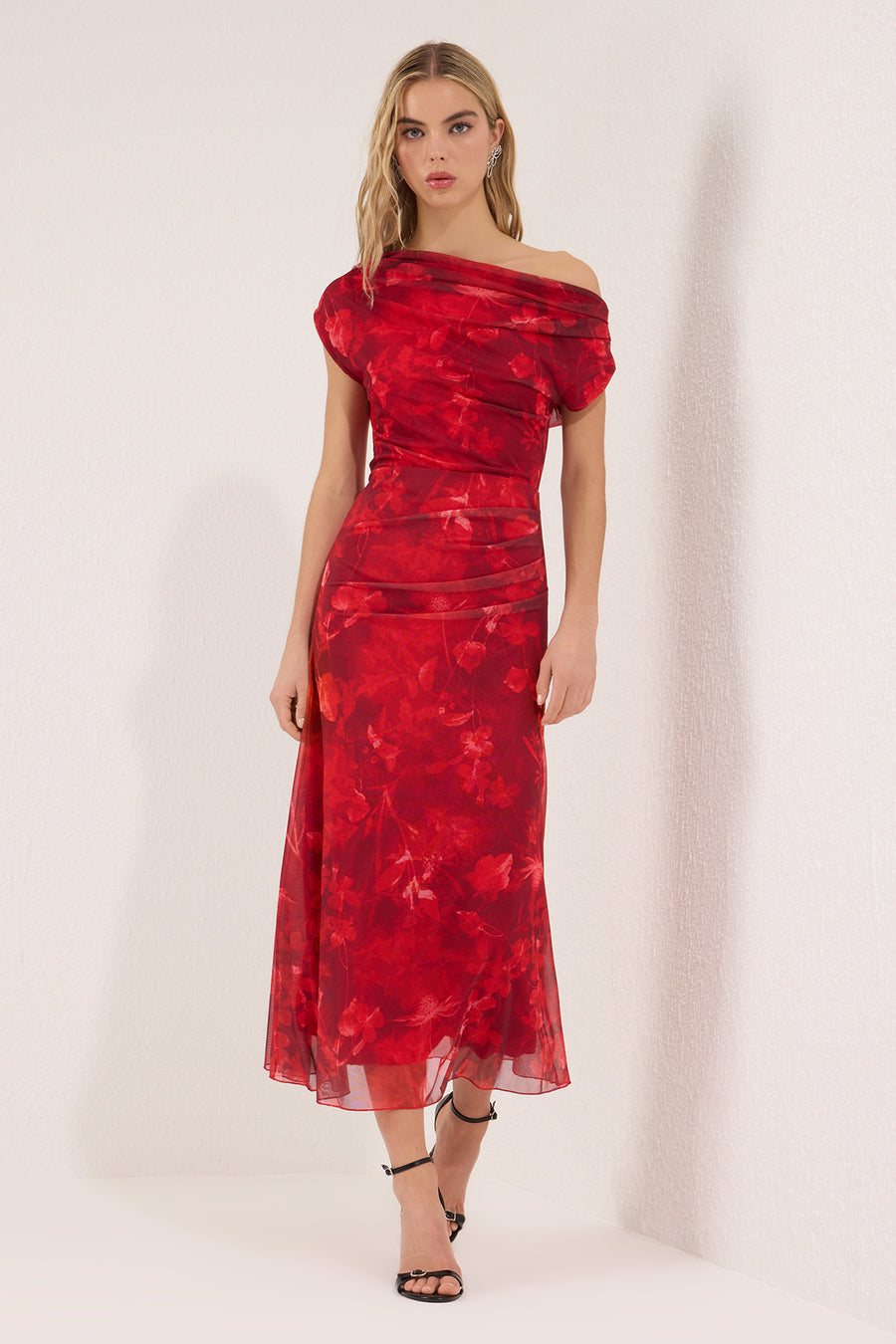 Red-Multicolour Abstract Print Lined Tulle Knit Midi Evening Graduation Dress