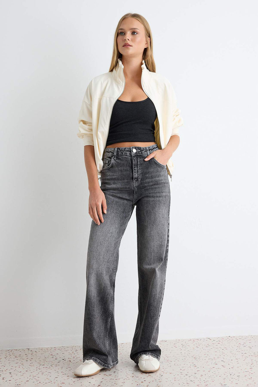 Charcoal Slightly Stretch High Waist Wide Leg Jeans