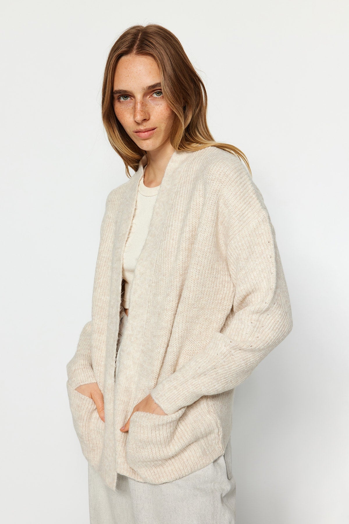 Stone Relaxed Fit Soft Textured Pocket Detail Knit Cardigan