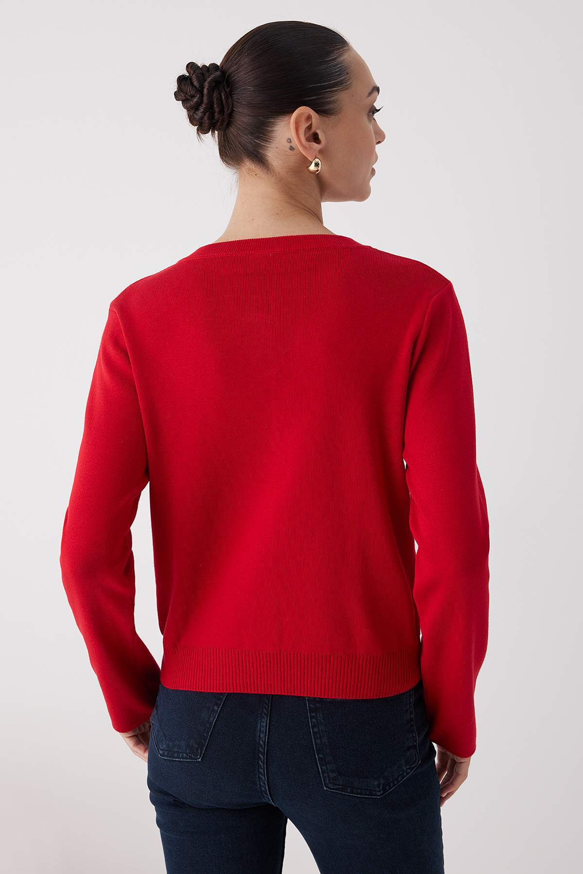 Wardrobe Essentials Red Buttoned Cotton Basic Knit Cardigan