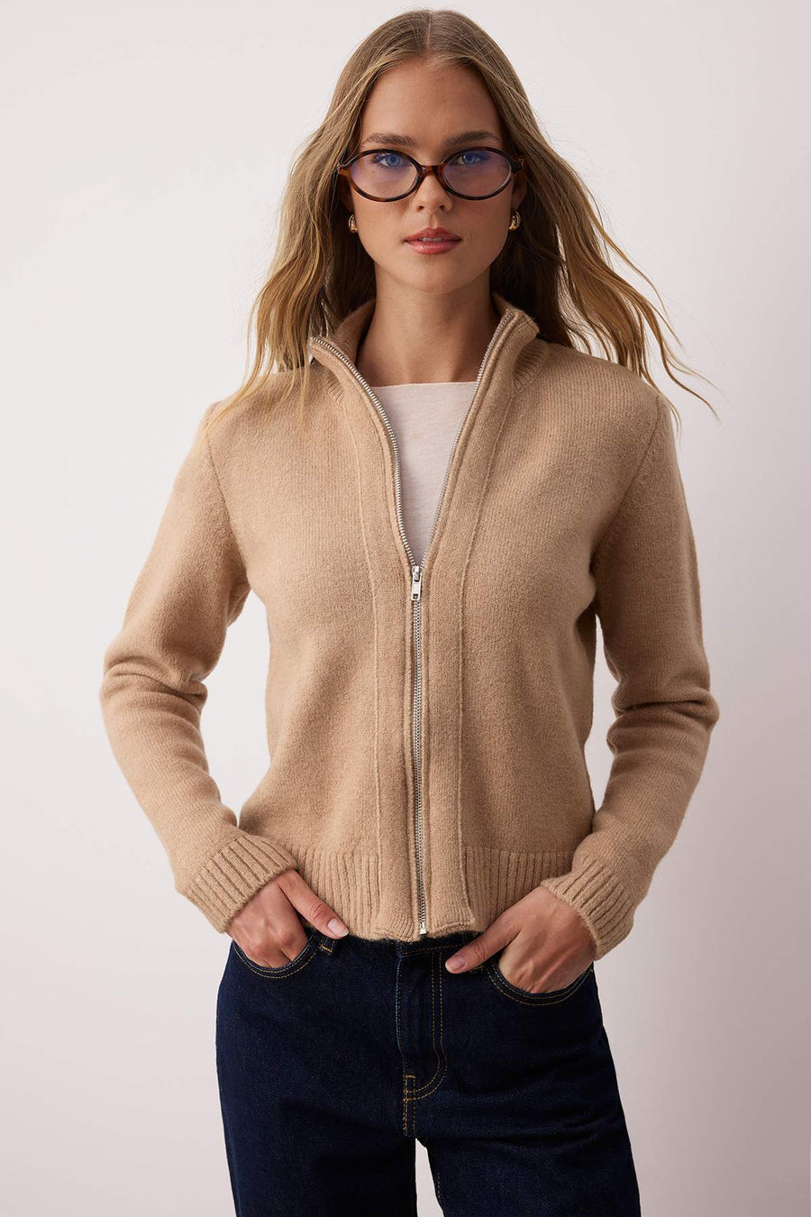 Mink Zipped Wool Blend Stand Collar Soft Textured Knit Cardigan