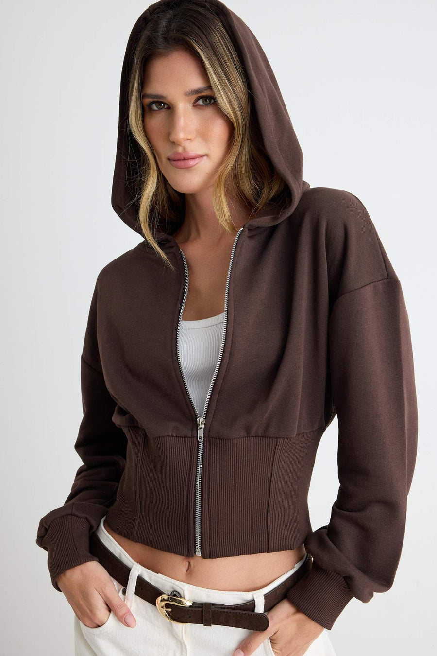 Dark Brown Thick Non-Brushed Fitted Waist Hooded Zipped Knit Cardigan/Sweatshirt