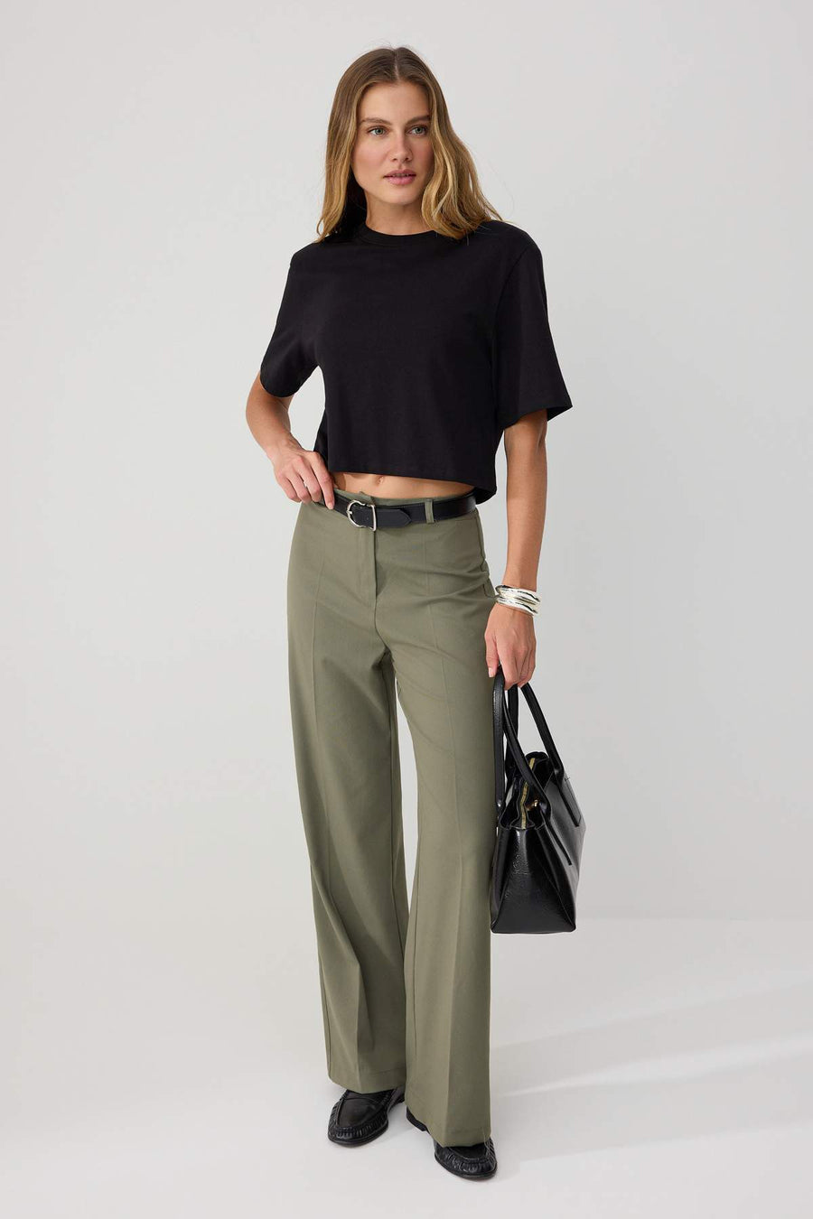 Khaki Wide Leg High Waist Woven Fabric Trousers
