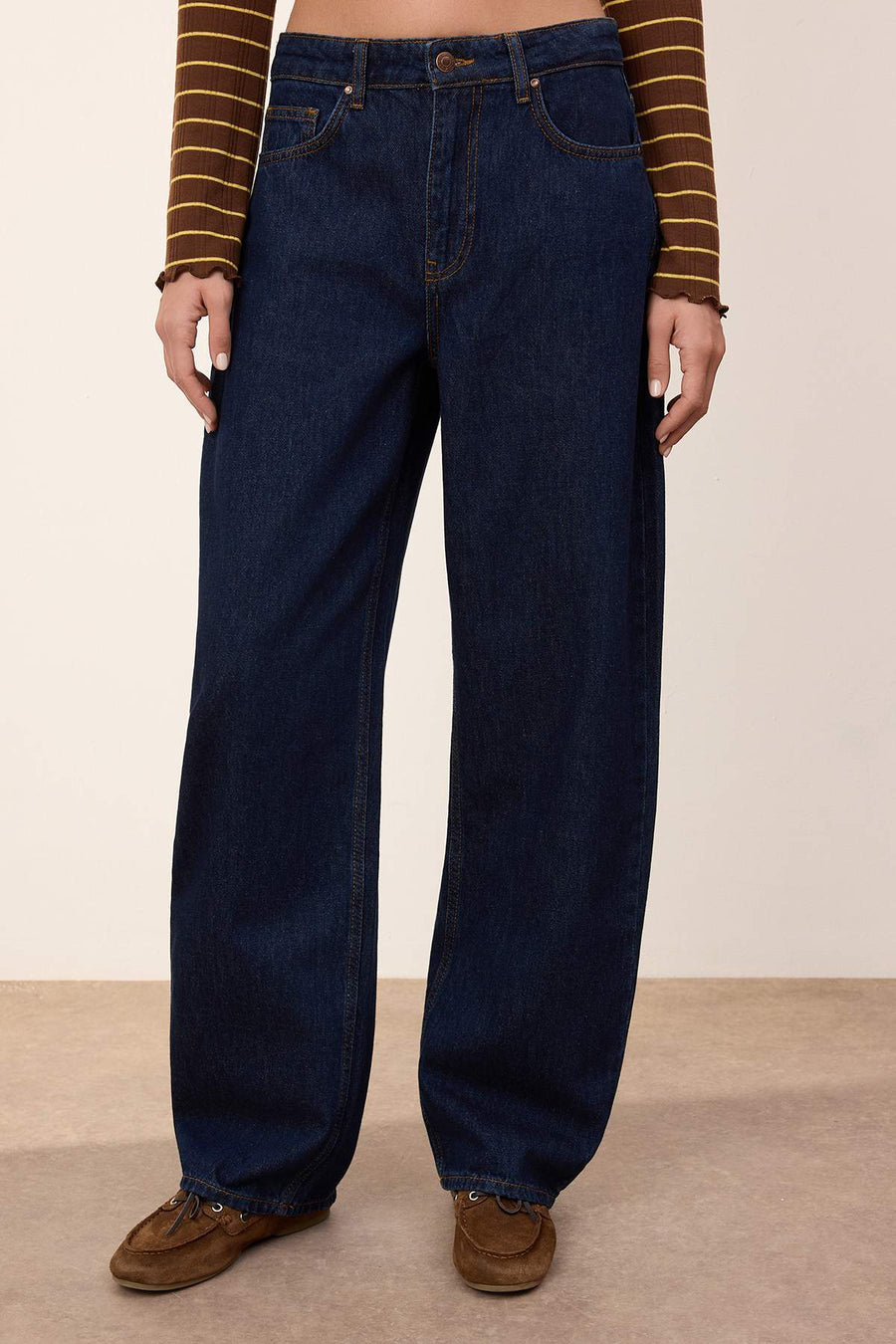 Wardrobe Essentials - Blue Draped High Waist 100% Cotton Barrel Jeans
