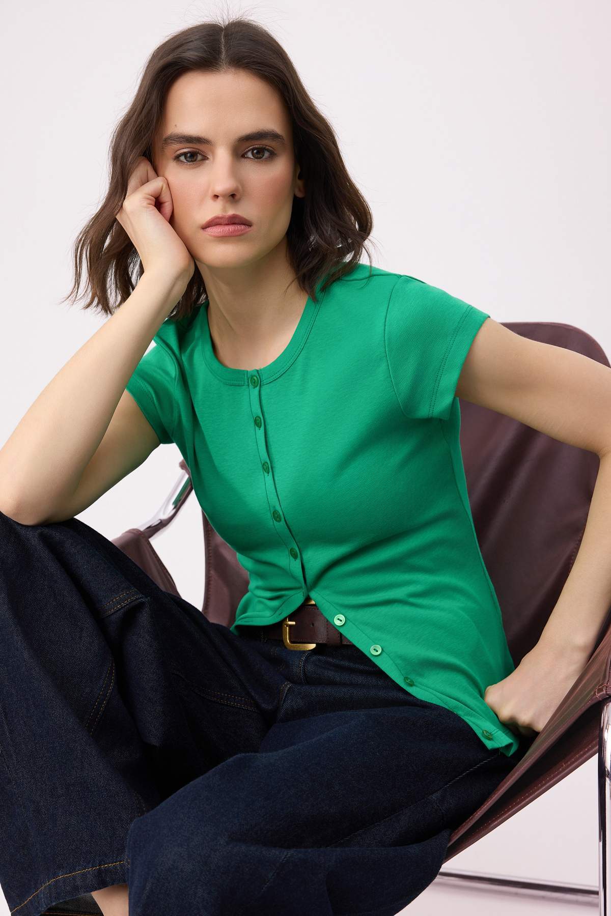 Green Buttoned Fitted Knit Blouse
