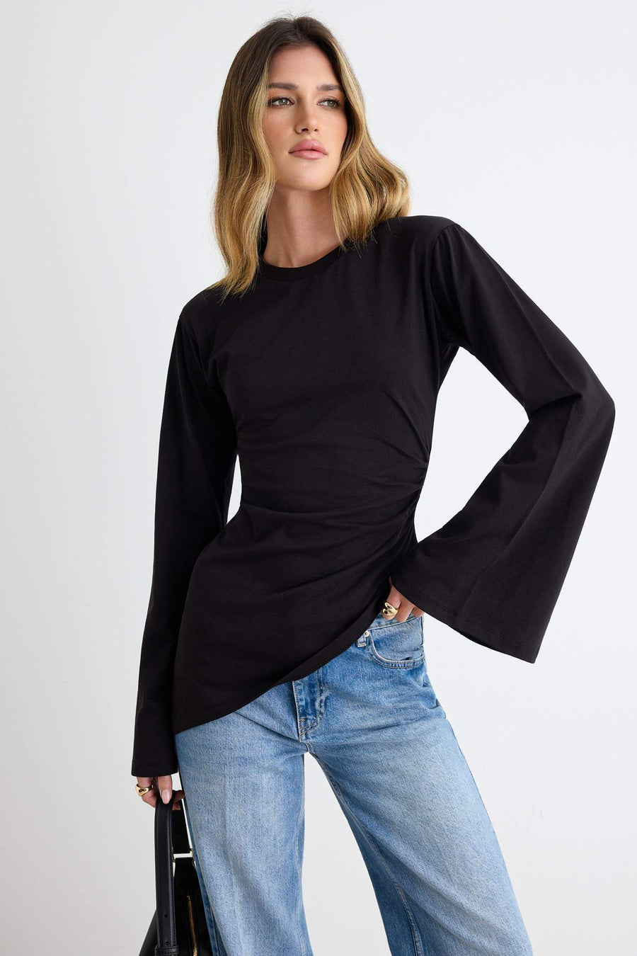 Black 100% cotton waist-fitted asymmetric crew neck knit t-shirt