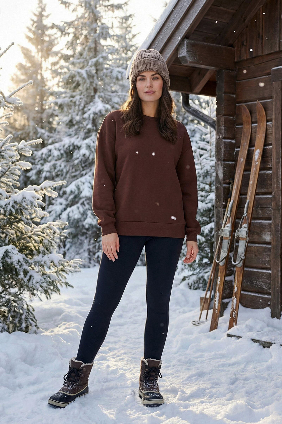 Brown Thick Fleece-Lined Regular Fit Crew Neck Basic Knit Sweatshirt