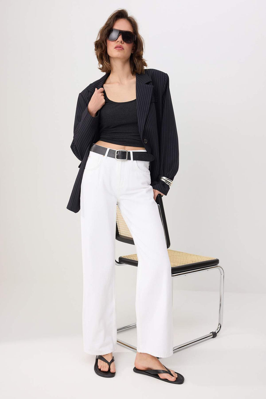 White Draped High Waist 100% Cotton Wide Leg Jeans