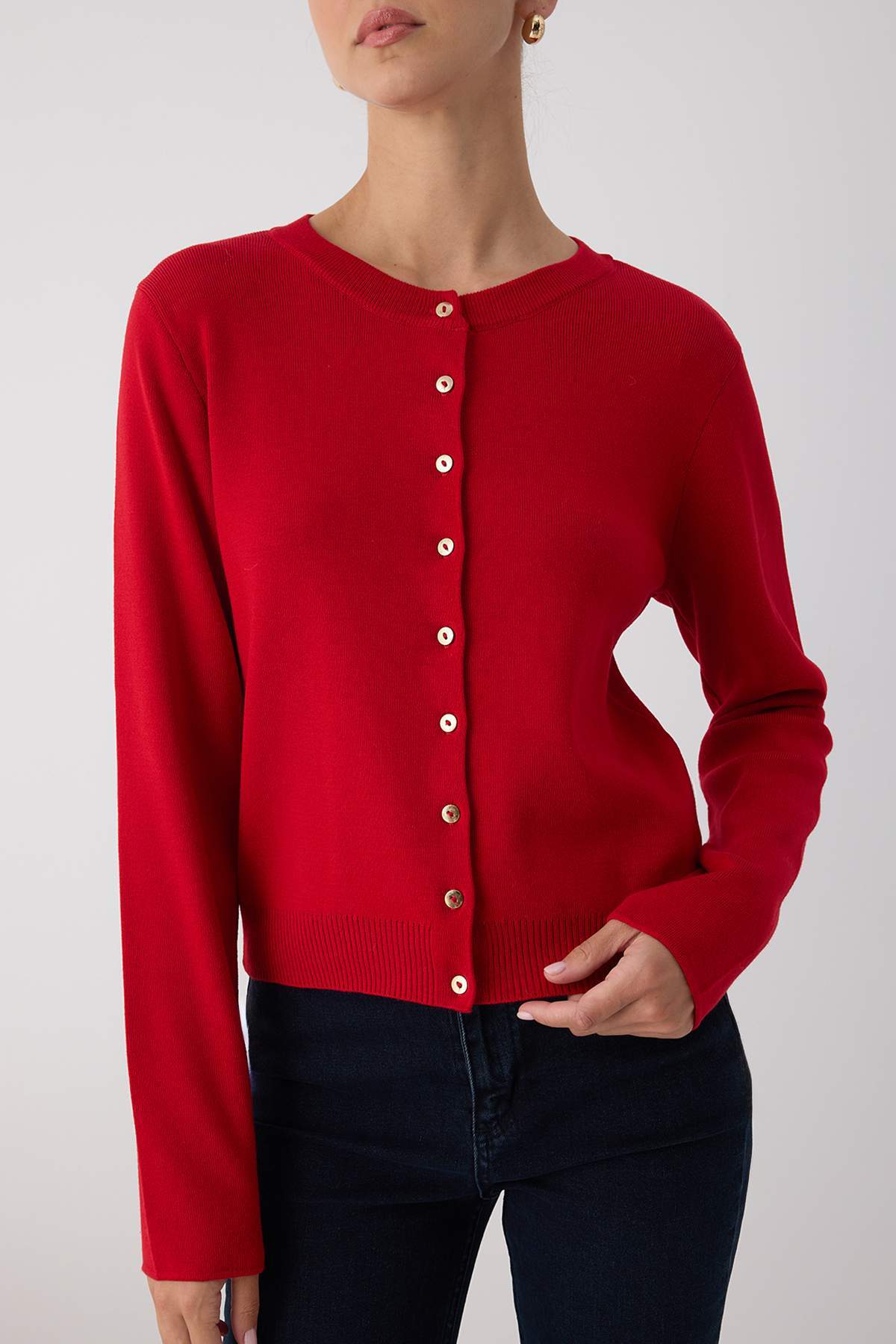 Wardrobe Essentials Red Buttoned Cotton Basic Knit Cardigan
