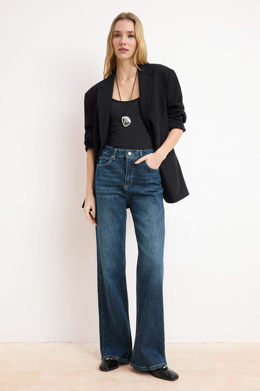 Premium Dark Blue More Sustainable High Waist Slightly Stretch Wide Leg Jeans