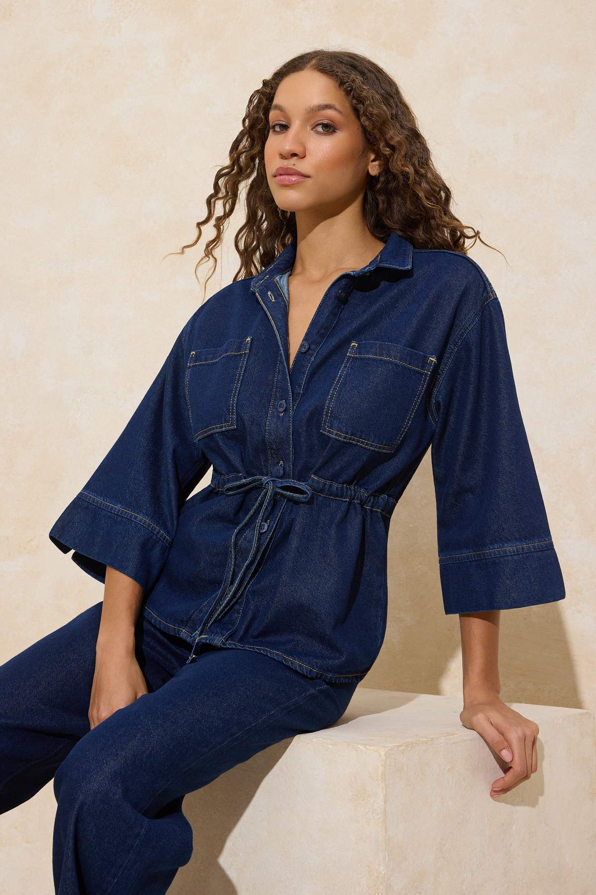 Dark Blue Tie Waist Tencel Blend Denim Shirt