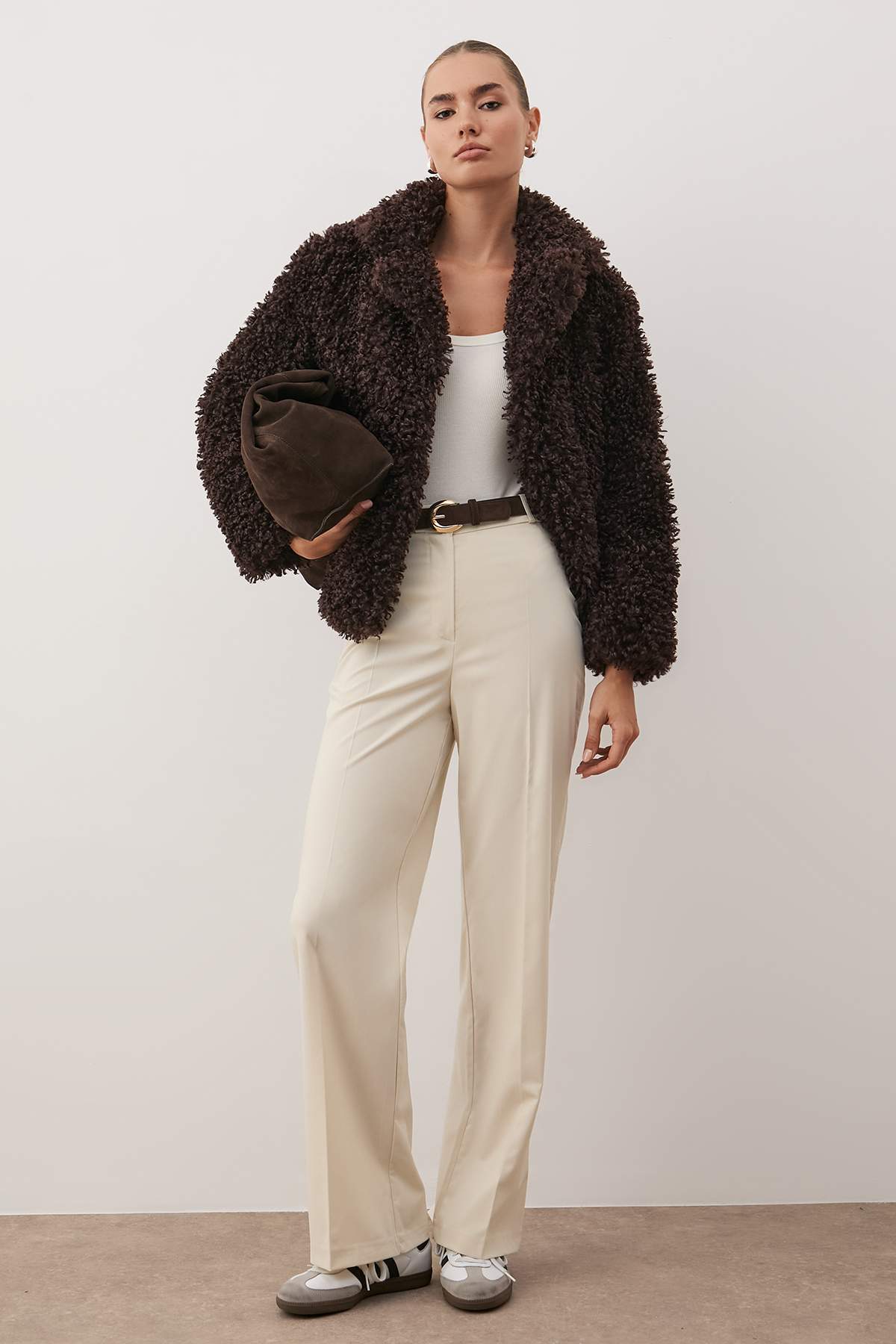 Beige Wide Leg High Waist Woven Fabric Trousers