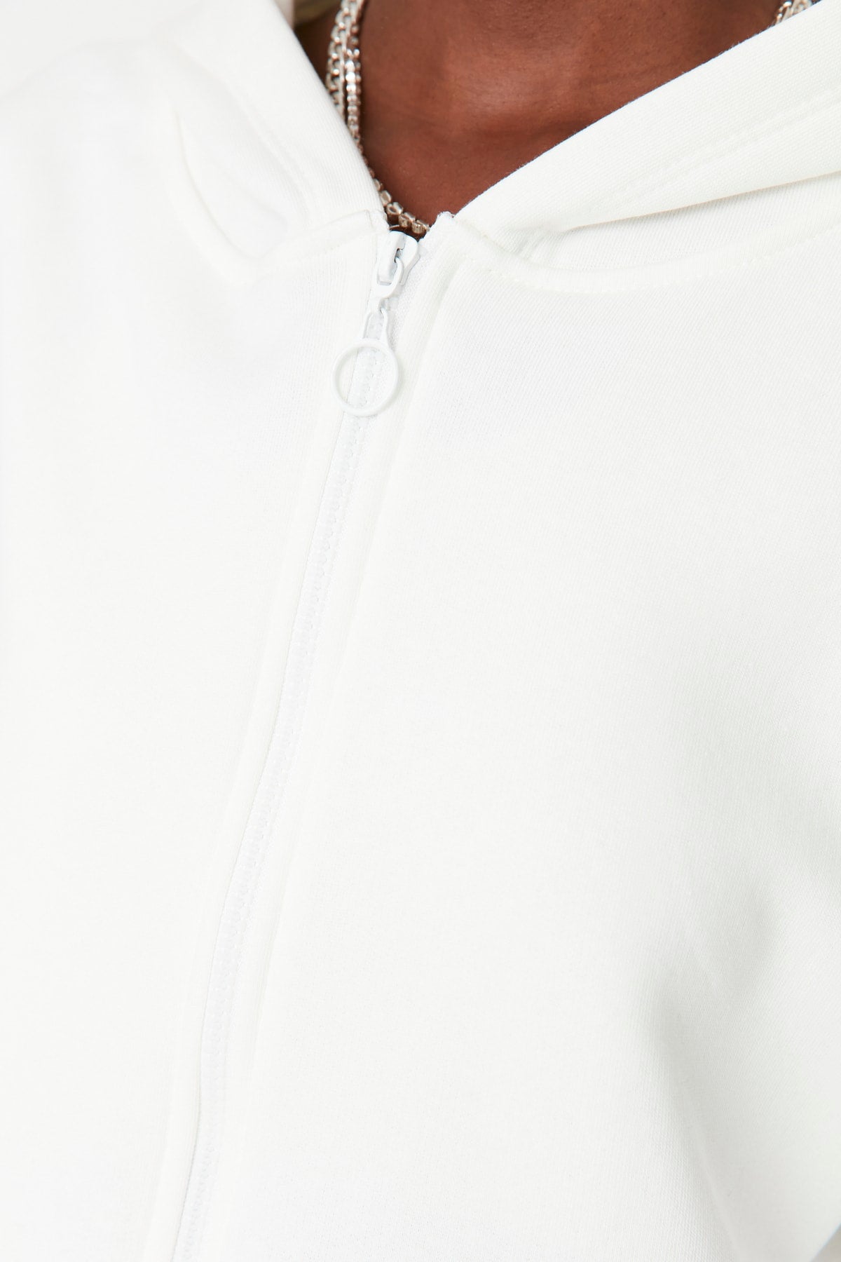 Ecru Basic Zipped Hooded Cropped Thick Fleece-Lined Knit Cardigan/Sweatshirt
