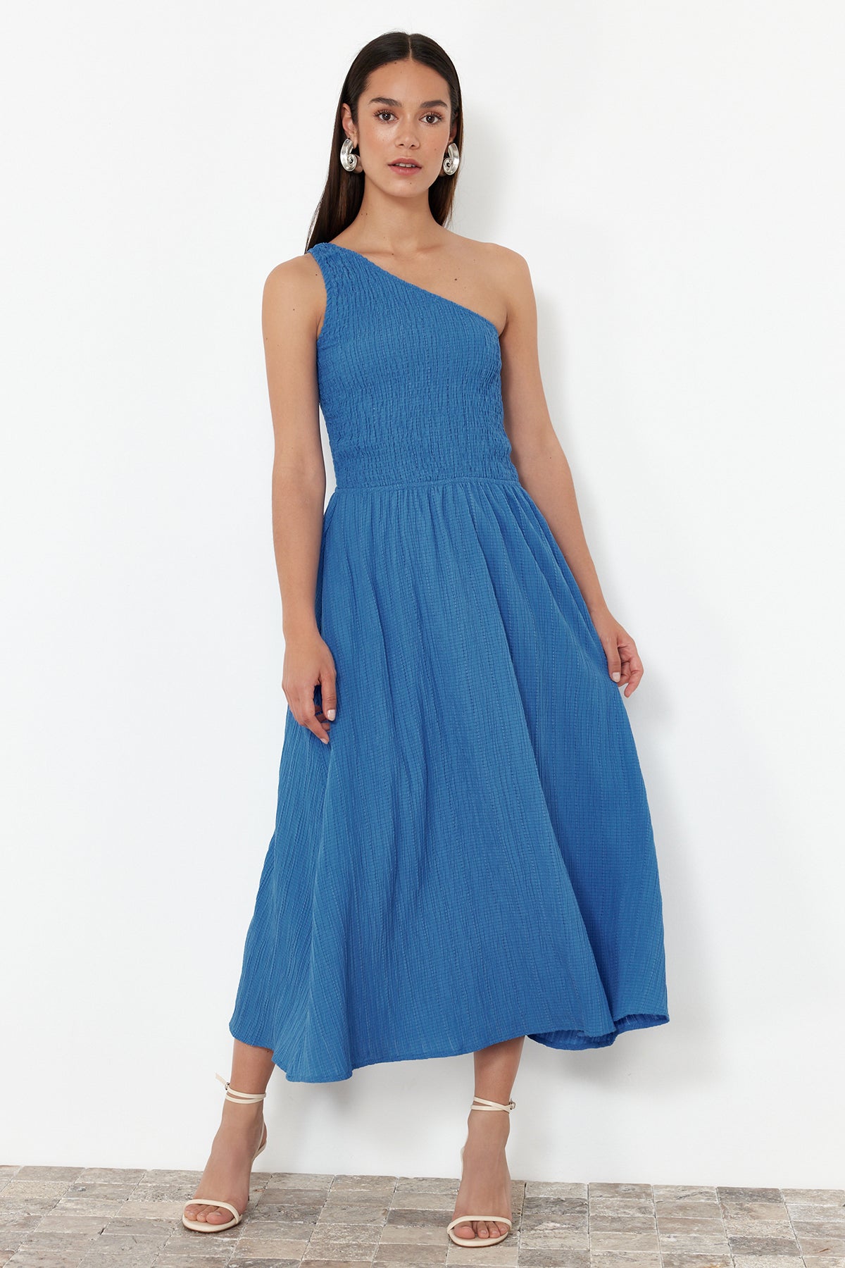 Sax Blue Boned Bodice One Shoulder Waist-Flared Midi Woven Dress