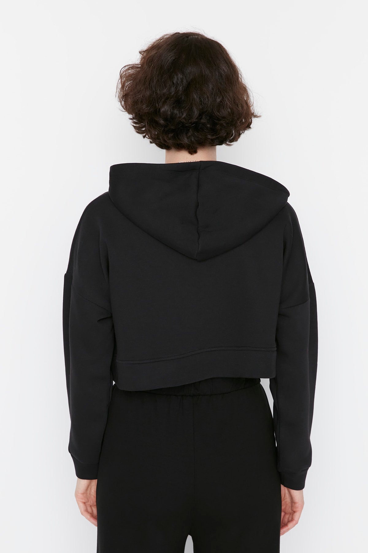 Black Basic Zipped Hooded Cropped Thick Fleece-Lined Knit Cardigan/Sweatshirt