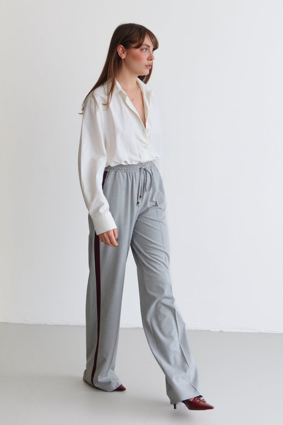 Grey Burgundy Striped Elasticated Waist Wide Leg Woven Trousers