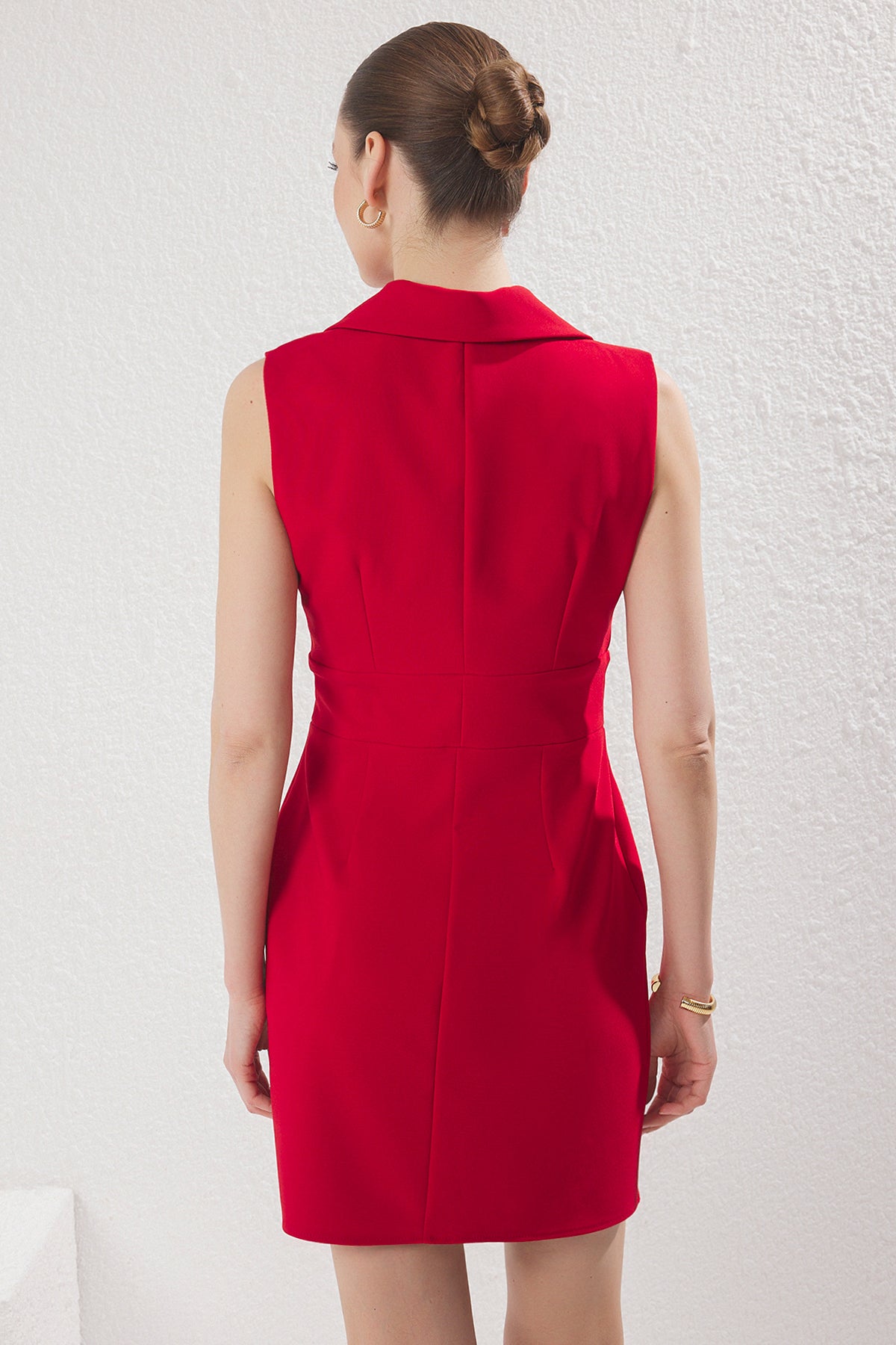 Red Collared Buttoned Mini Woven Dress