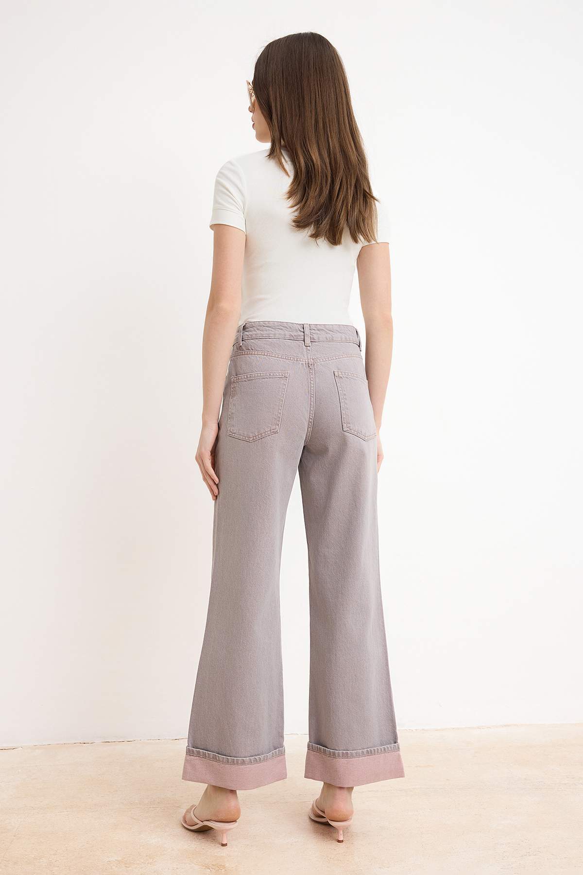 Pink Cuffed Leg Vintage Washed High Waist Wide Leg Jeans