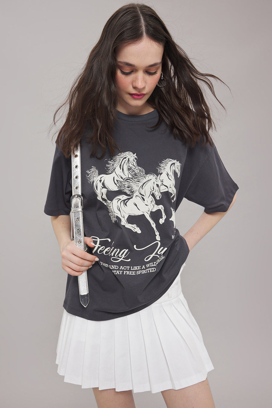 Charcoal 100% Cotton Oversized/Relaxed Fit Print Knit T-Shirt