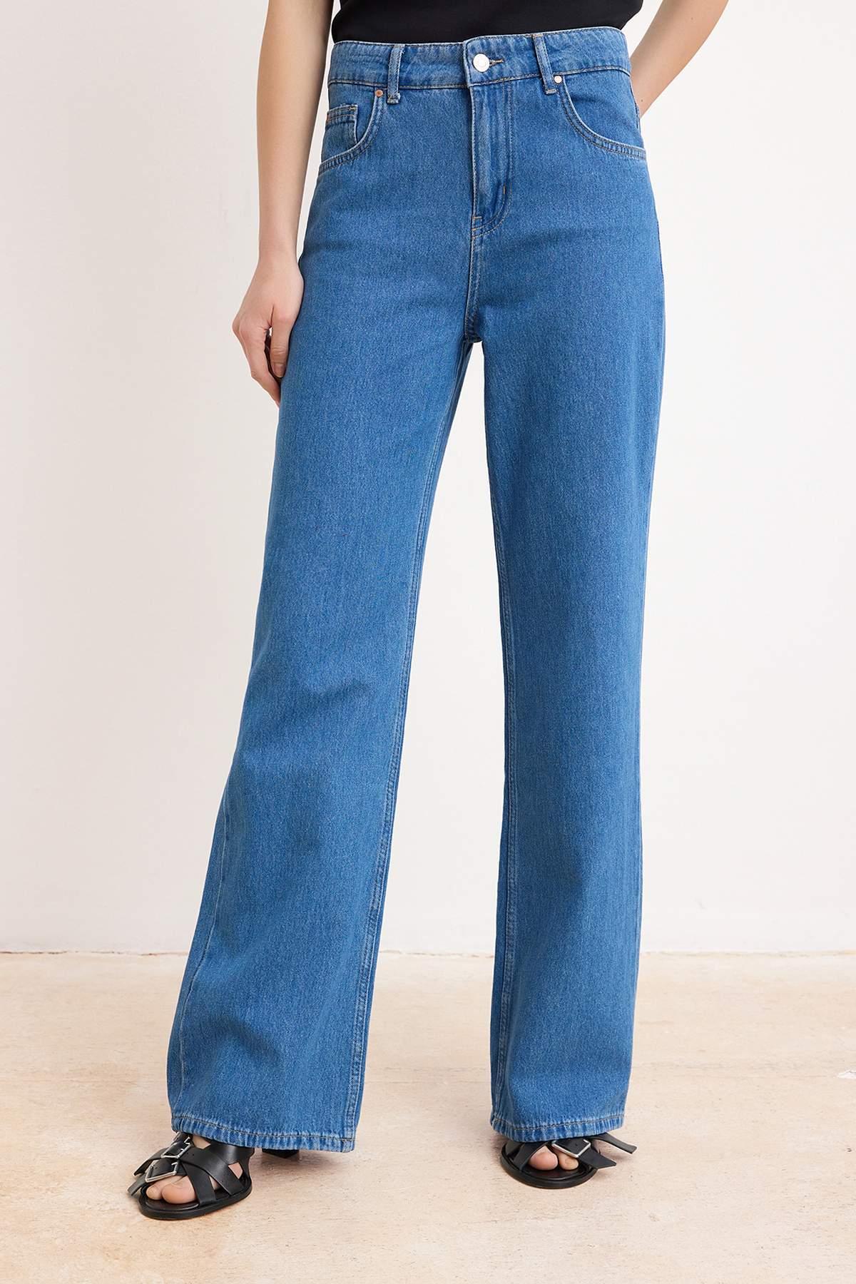 Blue Draped High Waist 100% Cotton Wide Leg Jeans