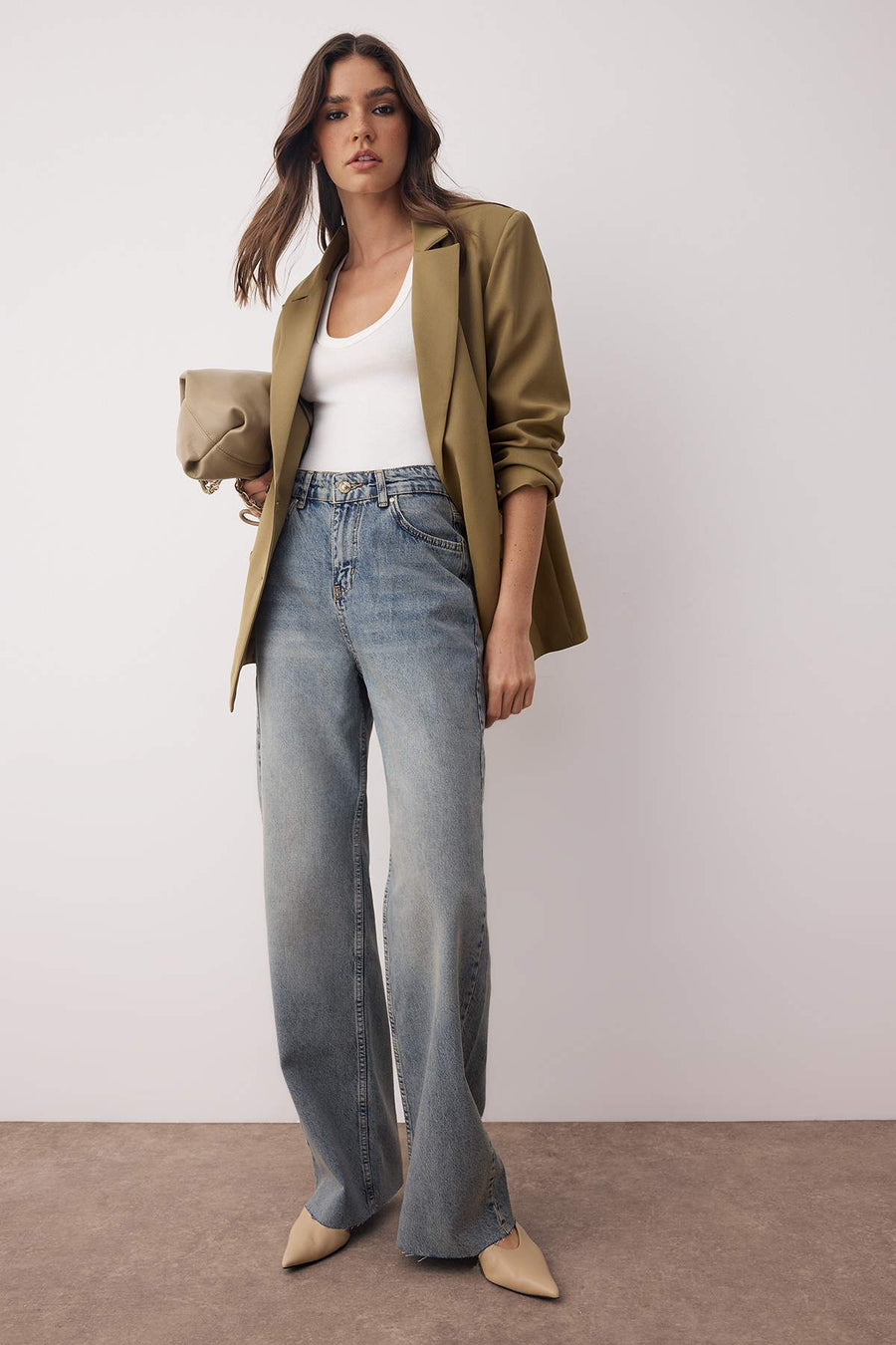 Blue High Waist Cut Hem Wide Leg Jeans