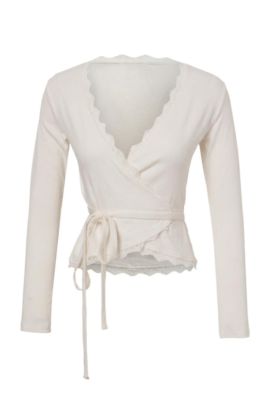 Ecru Plain Fitted Wrap Lace Detail Cropped Soft Knit Blouse