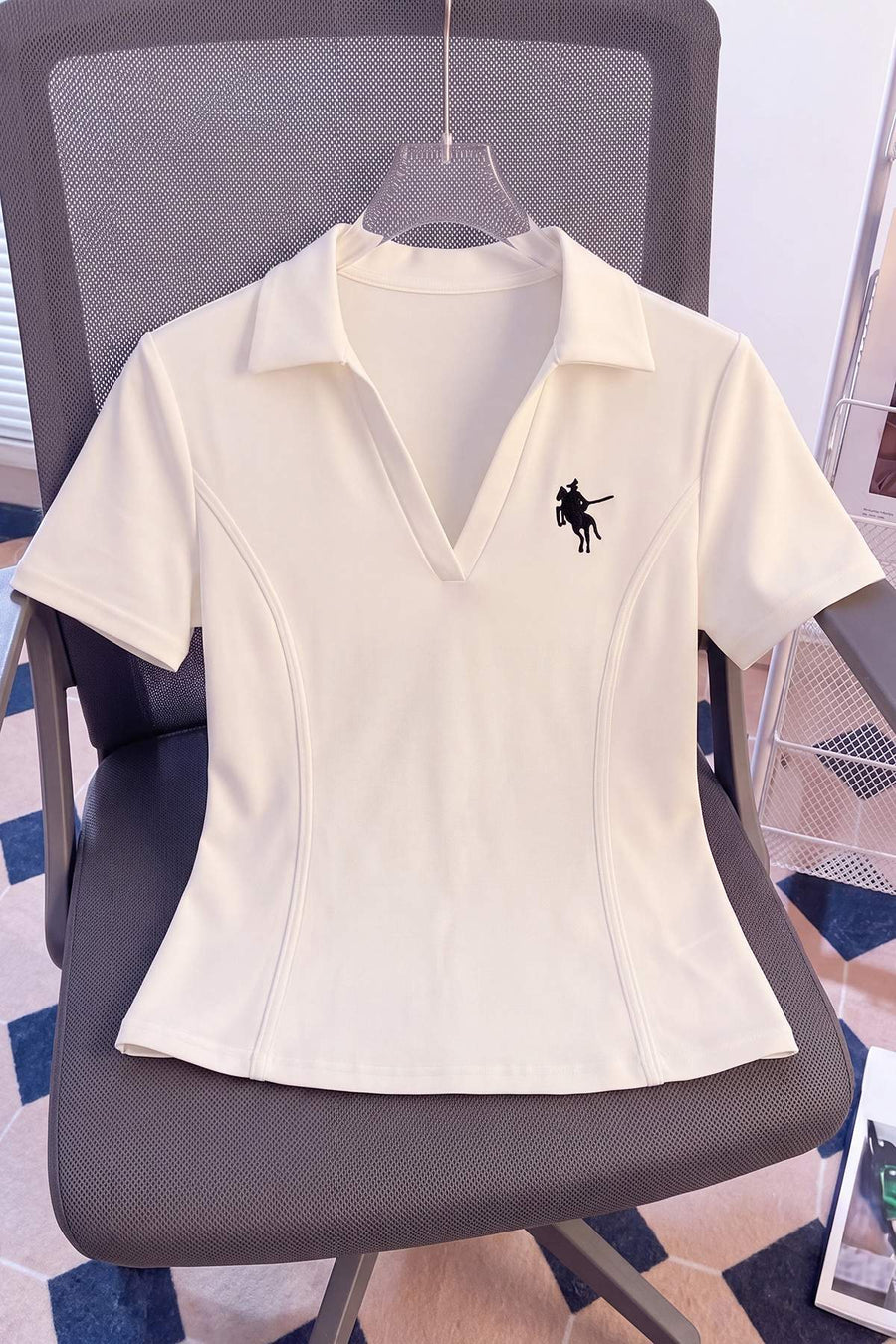 Ecru Embroidered Fitted Polo Neck Standard Sleeve Cotton Ribbed Knit Blouse