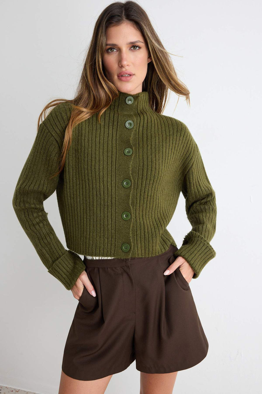 Khaki Cropped Soft Textured Stand Collar Knit Cardigan