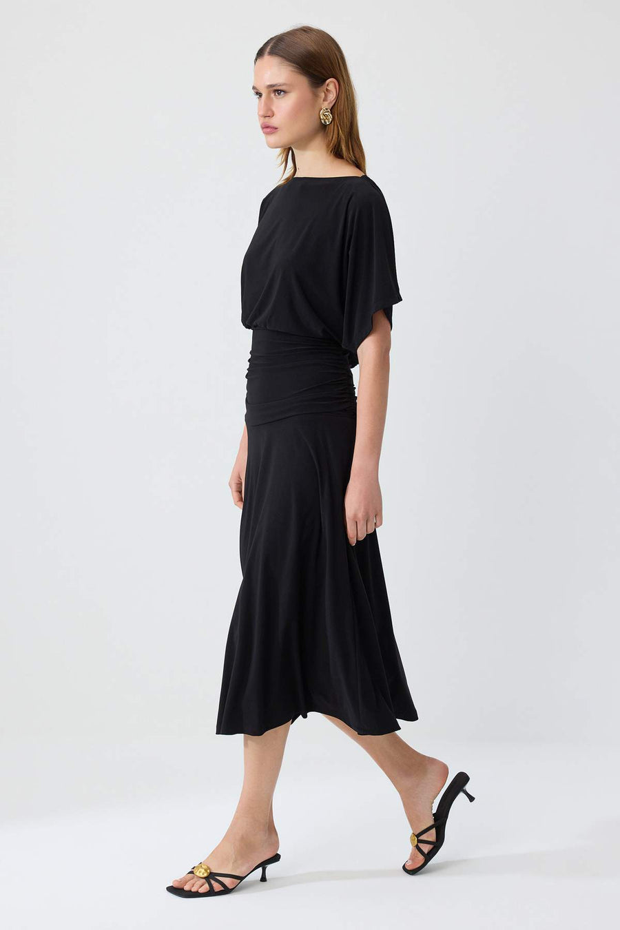 Black Plain Skater Boat Neck Batwing Sleeve Short Maxi Stretch Lined Knit Dress